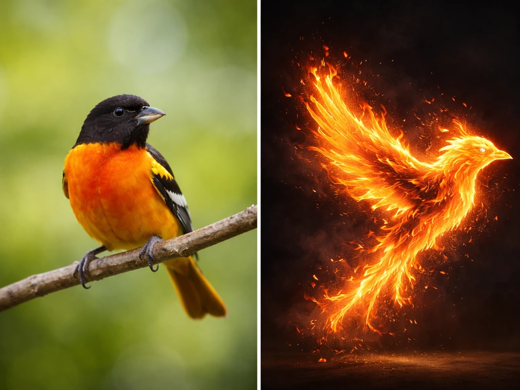 Vivid red/orange bird on a branch beside a flaming bird silhouette for literal vs figurative meaning.