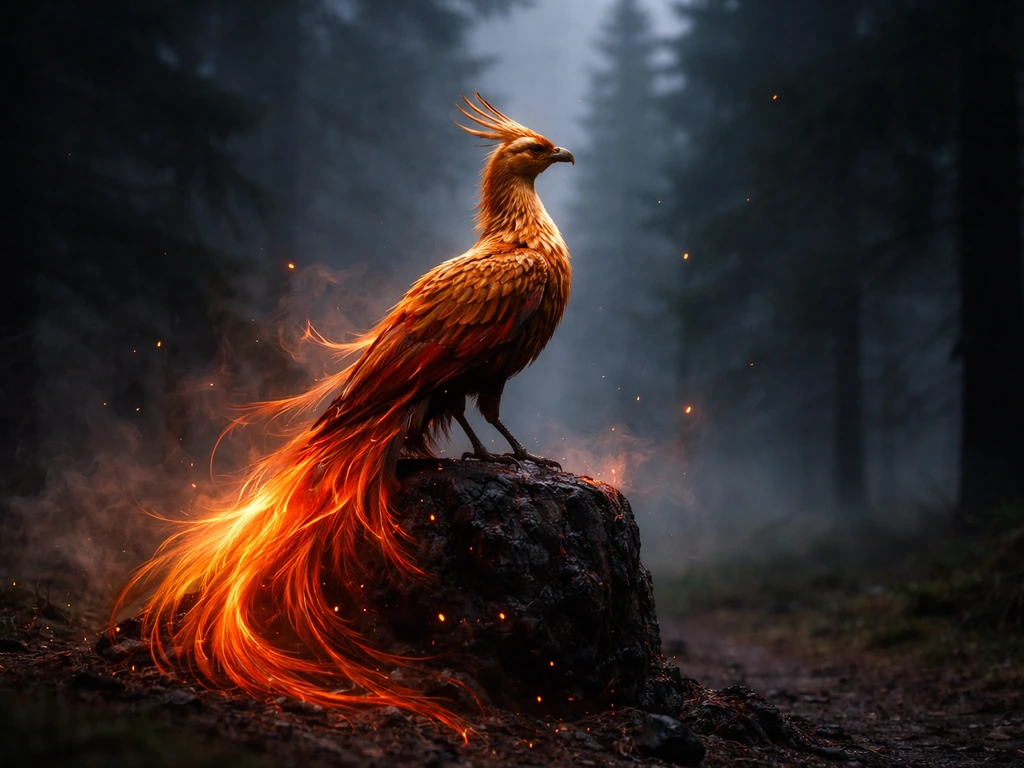 Glowing Zhar-ptitsa firebird perched in a misty forest, amber-red feathers and drifting embers.