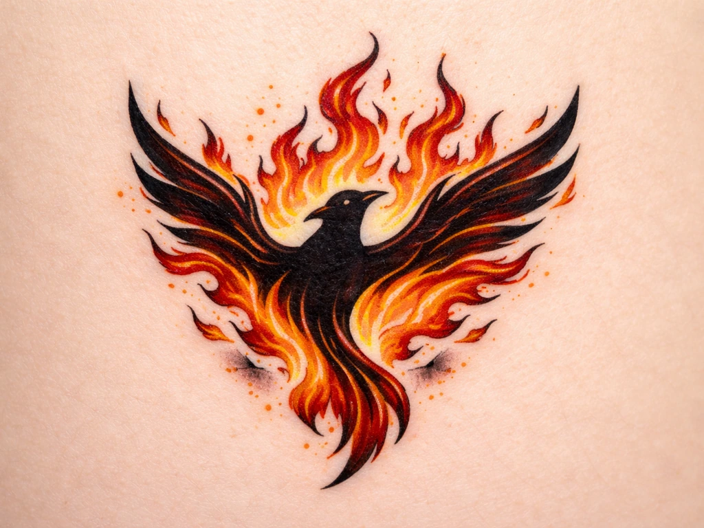 Close-up of a bird-on-fire tattoo design with flames surrounding a bird motif on clean skin-like background.
