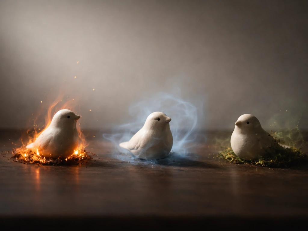 Three small bird figurines on wood, with the fire bird glowing brightest among subtle elemental hues.