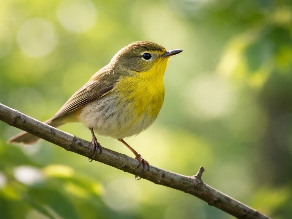 A small warbler perched on a tree branch in a sunlit forest canopy with blurred green background.