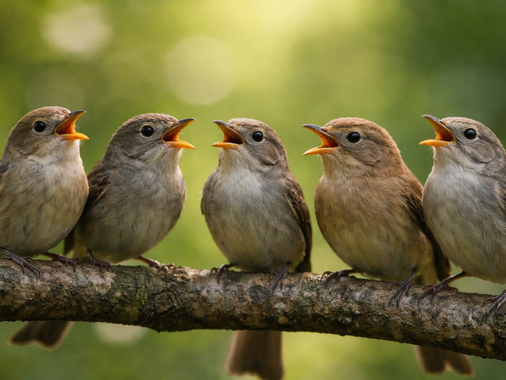 Close-up of several small energetic songbirds perched together, showing warbler as an umbrella term
