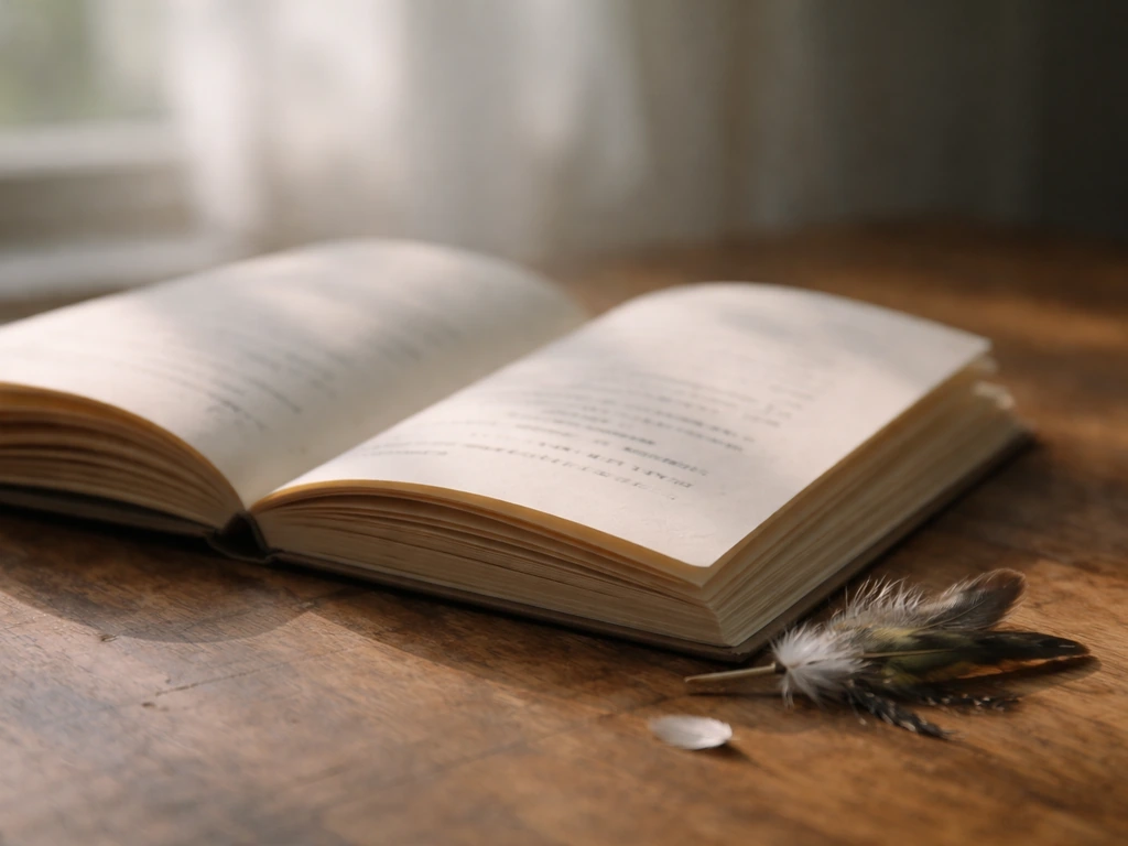 Open poetry book on a wooden table with a small bird-feather motif nearby under natural light.