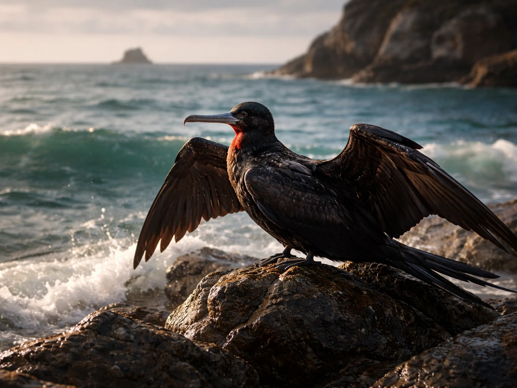Frigatebird-like seabird perched on a rocky coast with subtle pirate-themed silhouette in the background.
