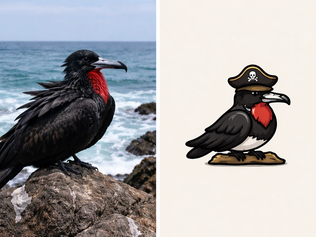 Frigatebird by the ocean beside a fictional pirate-themed bird icon.