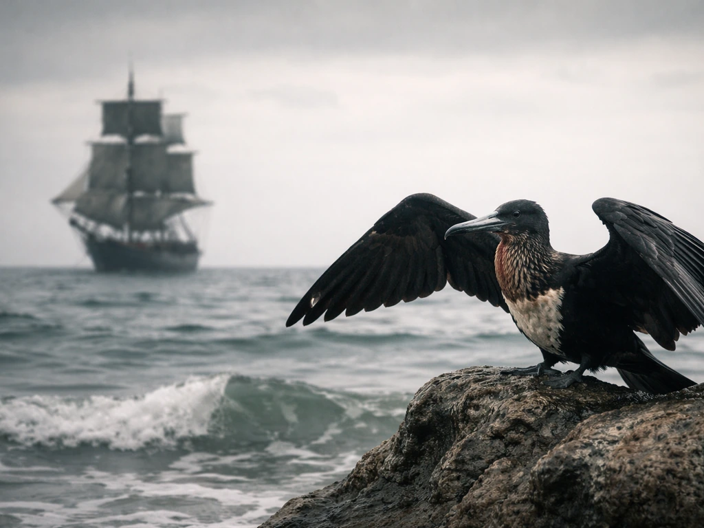 A frigatebird displays aggressively beside an old-fashioned sailboat at sea.