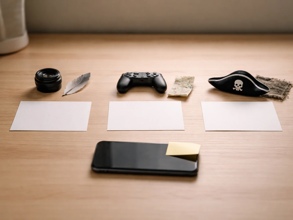 Desk with three blank context cards, a smartphone, and small wildlife, gaming, and pirate cues for disambiguation.
