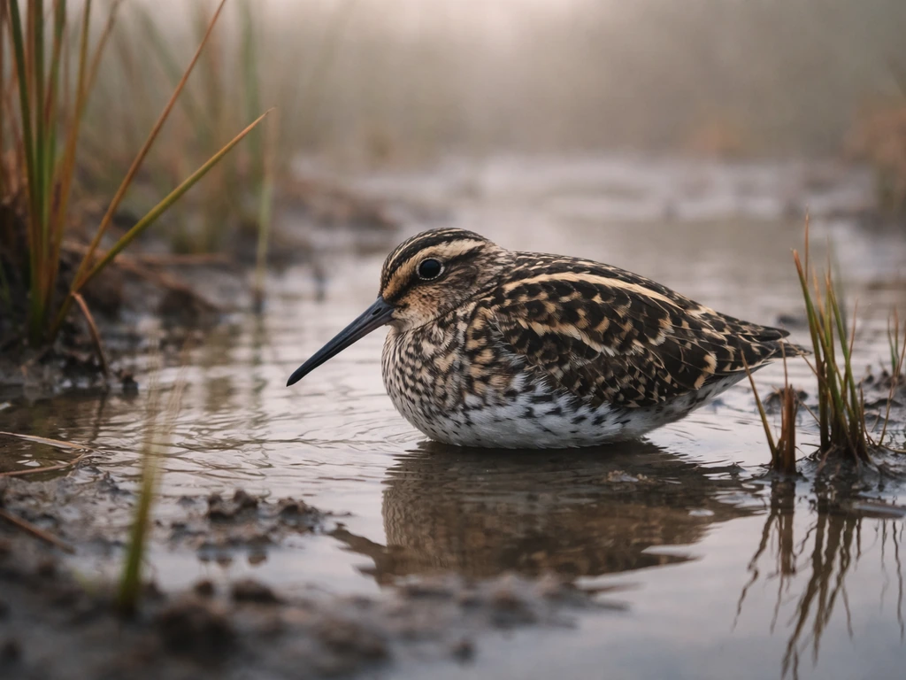 Jack Snipe standing in shallow muddy water among reeds in a quiet misty wetland at dawn.