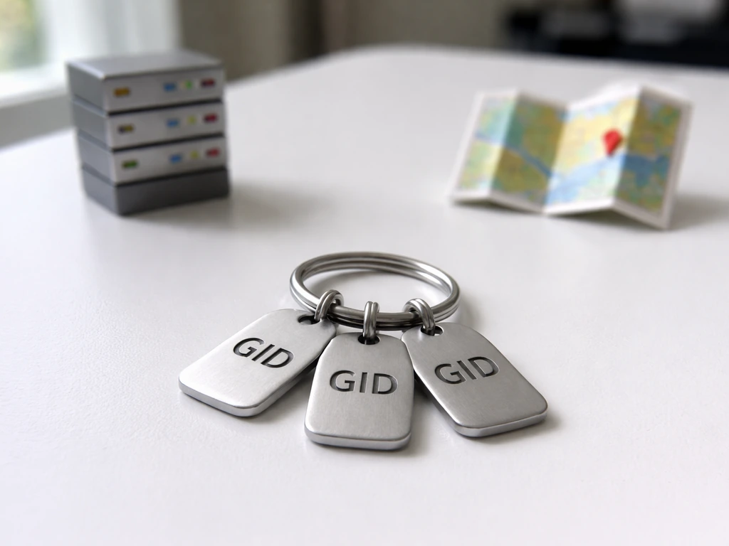 Minimal scene showing a key ring with three small tags labeled GID, beside a computer icon and a map icon