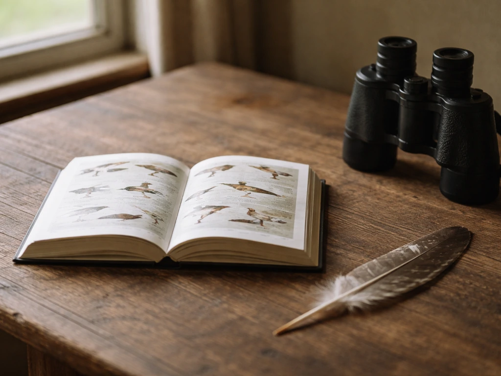 Minimal desk scene with an open bird field guide, binoculars, and a wading bird feather.