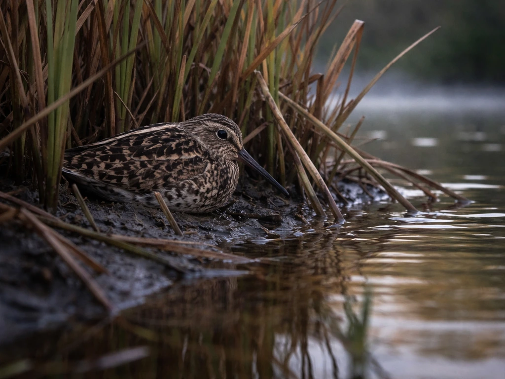 Camouflaged jack snipe hidden among reeds in a quiet wetland, blending into the background.