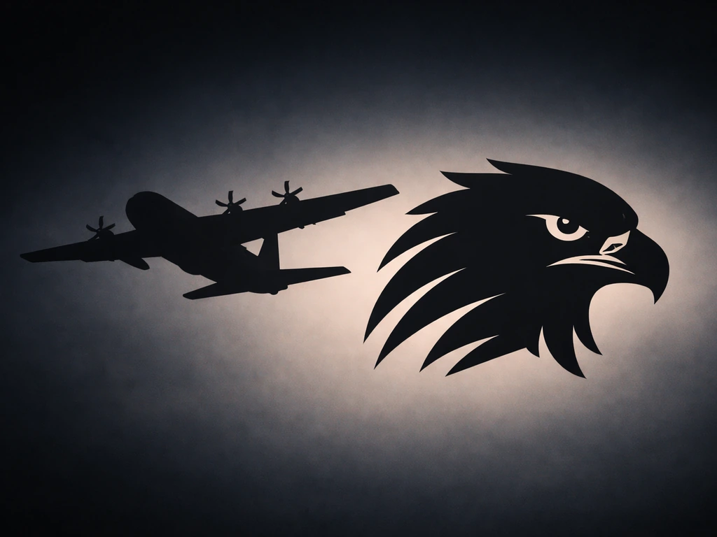 Minimal photo showing an aircraft silhouette and a hawk-like mascot motif together on a clean, neutral background.