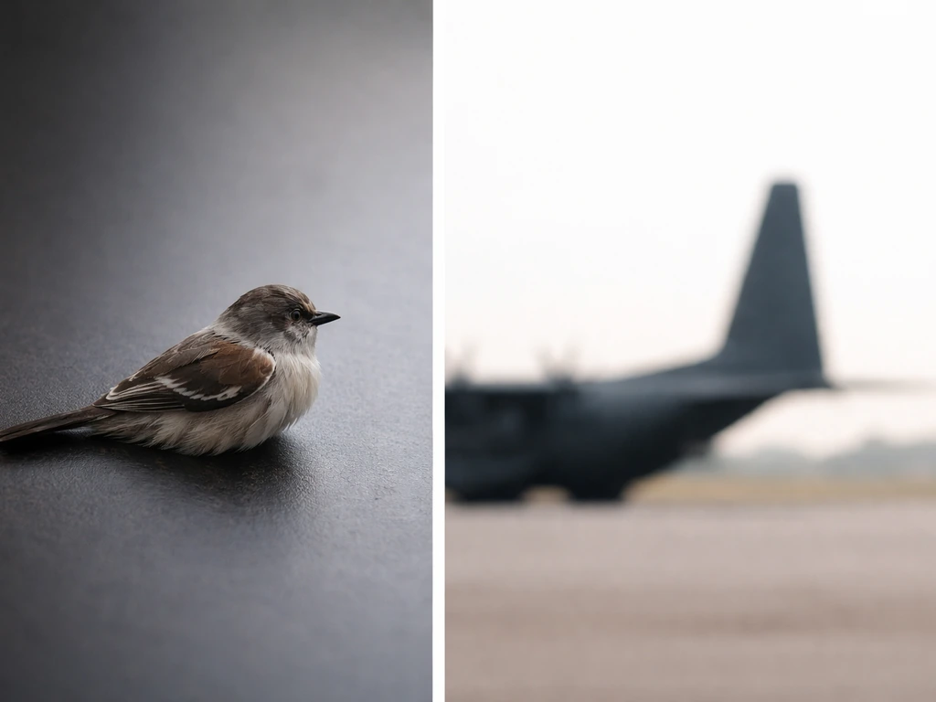 Feathered bird silhouette beside a distant propeller transport aircraft tail in natural daylight.