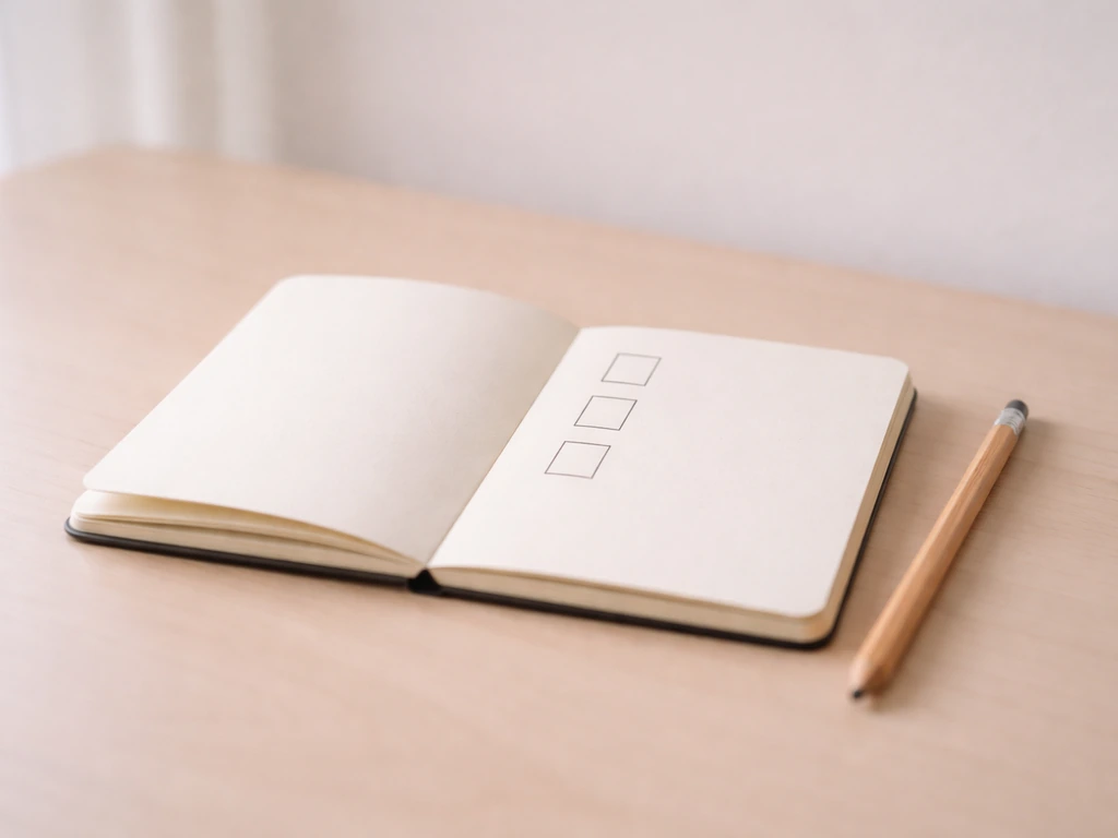 Minimal scene showing a notebook with a pencil and three blank checkbox squares for quick troubleshooting