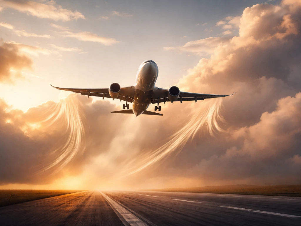 Commercial airplane lifting off into clouds with subtle feather-like wing wake motifs.