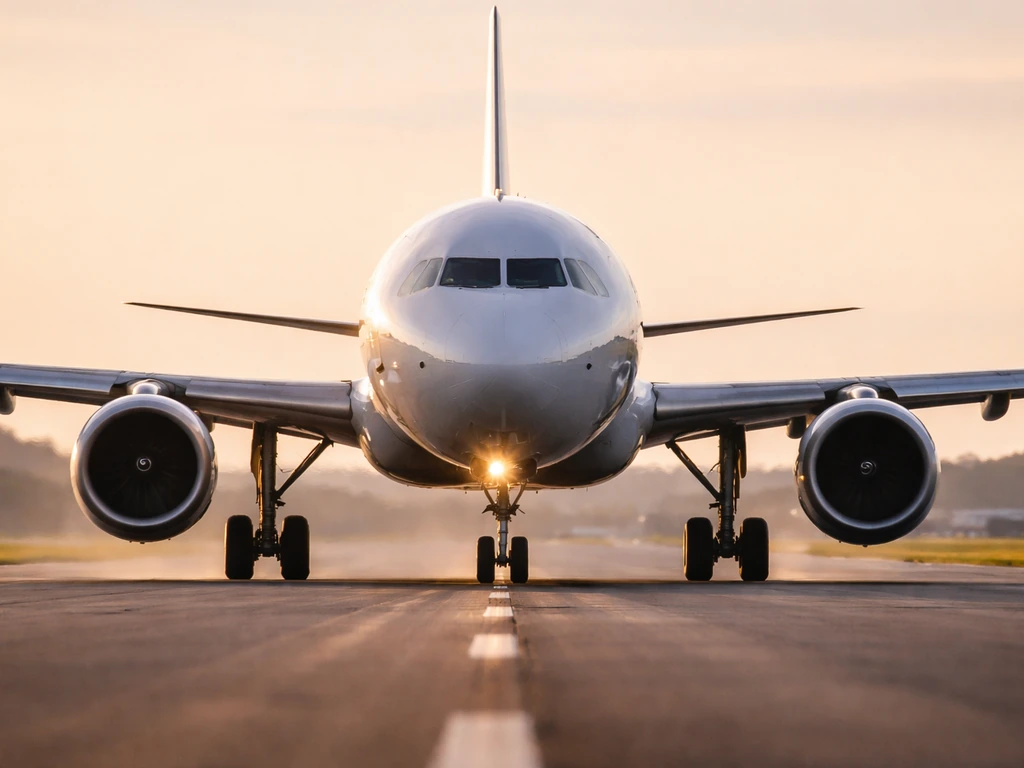 Airplane taking off on a quiet runway at golden hour, showing jet engine and landing gear.
