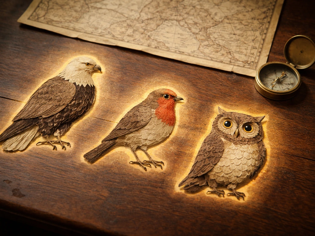 Minimal collage of symbolic birds in warm light, suggesting travel and fate