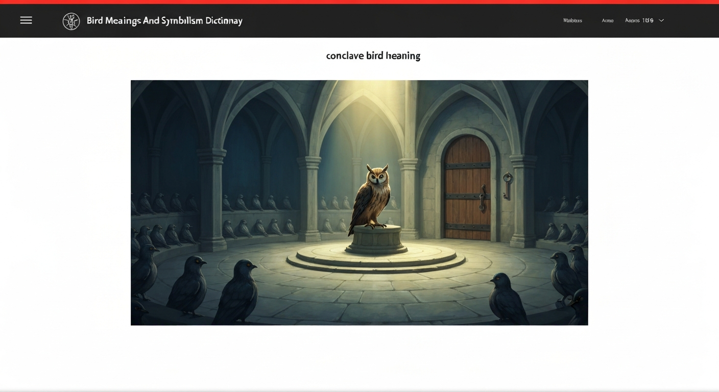 Illustration of a majestic bird presiding over a circular assembly of birds in a dim vaulted chamber, symbolic conclave.