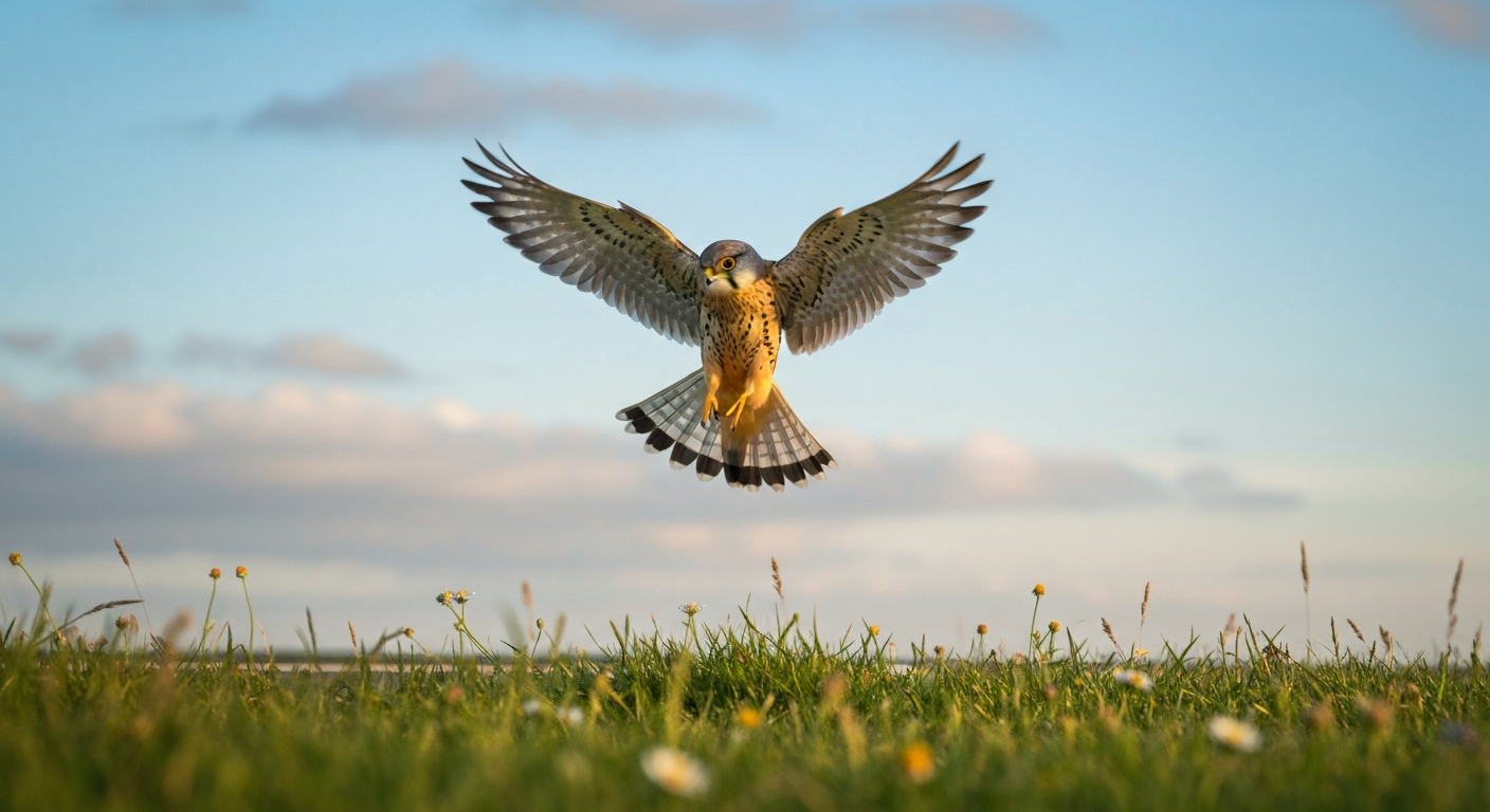 Photorealistic kestrel-like raptor hovering above a grassy roadside verge, seen from slightly below.