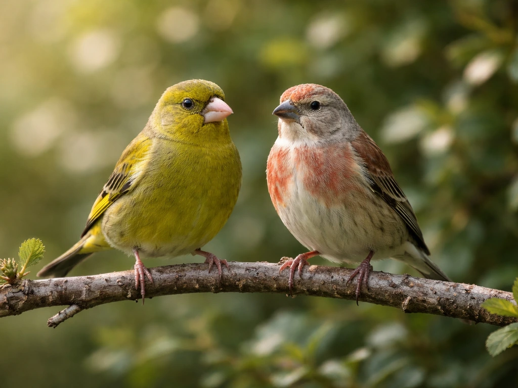 Greenfinch and linnet perched together on a branch in a garden hedgerow with soft natural light.