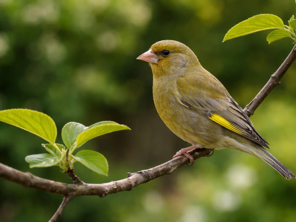 Small greenfinch perched on a garden branch, showing olive-green tones and a conical bill.
