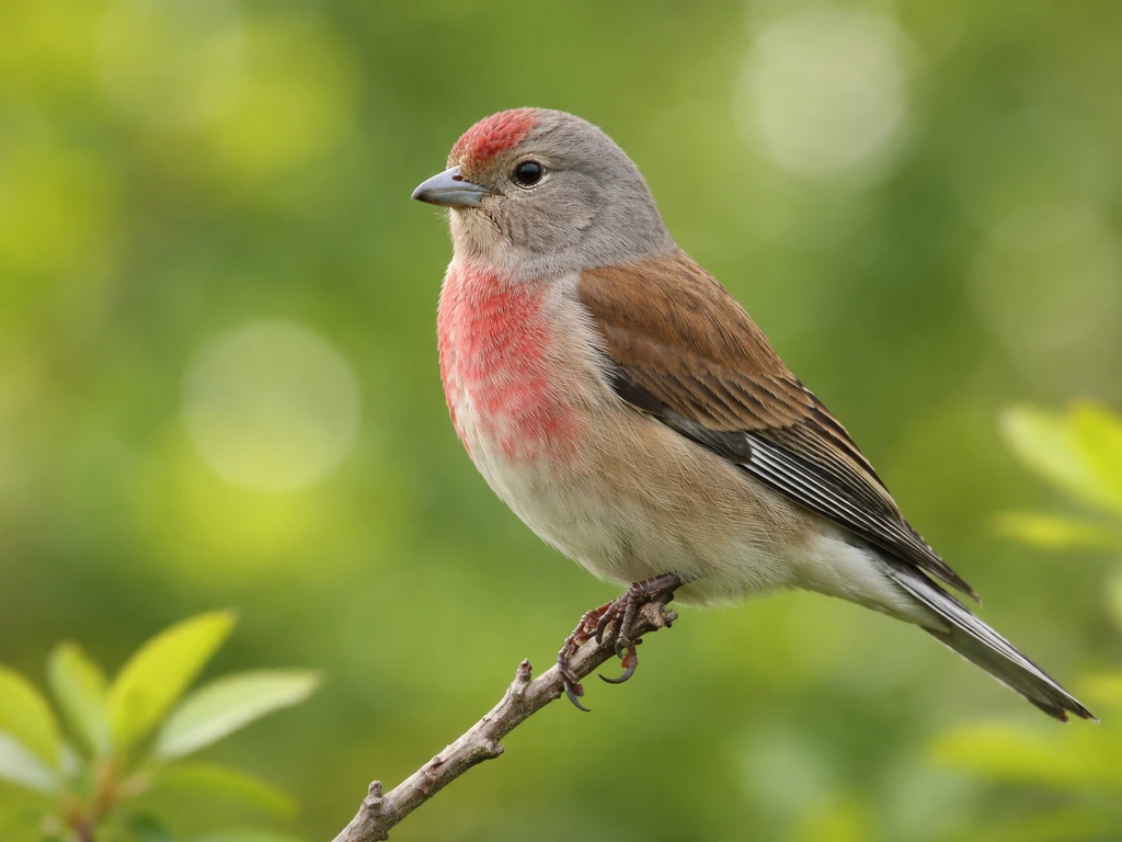 Male linnet perched on a twig, showing grey head, brown back, and reddish-pink forehead