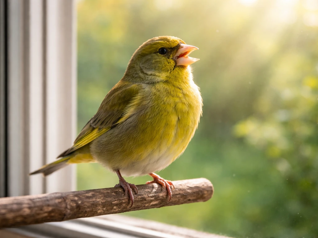 A vivid greenfinch perched by a sunlit window, body alert and cheerful, suggesting renewal.