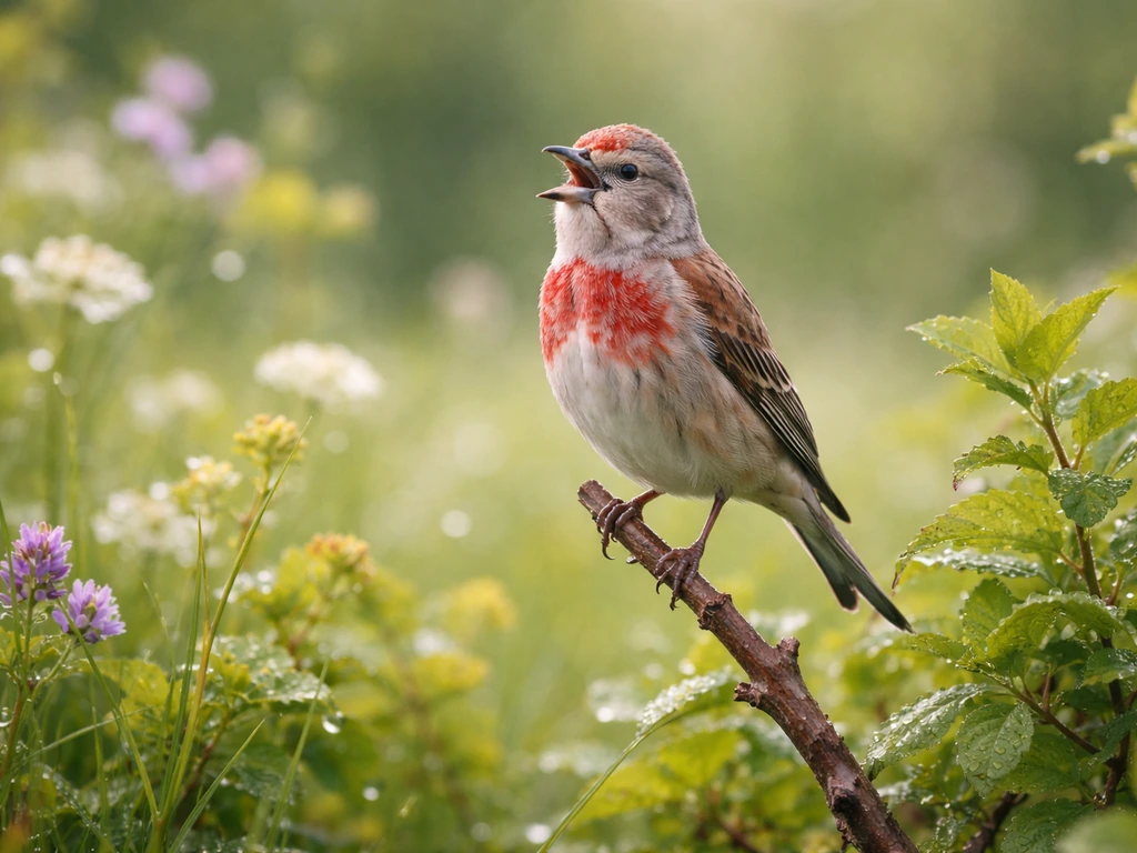 A linnet perched on a twig in a garden hedgerow, singing beside fresh wildflowers.