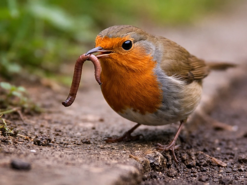 Robin capturing a worm as limbless prey on a garden path