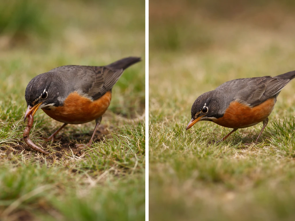 Split image: a robin eating a worm, and a robin hunting a limbless unseen prey symbolically.