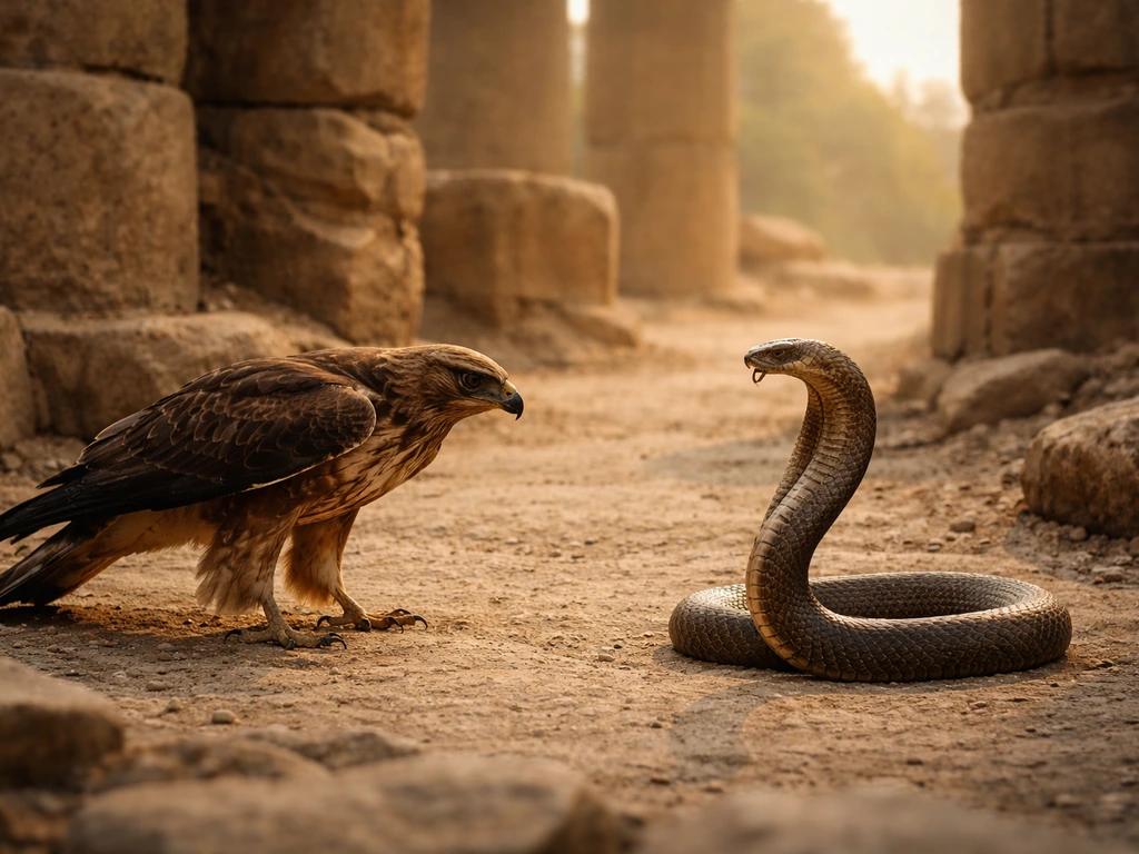 A bird confronts a snake near ancient temple stones in warm, mythic light.