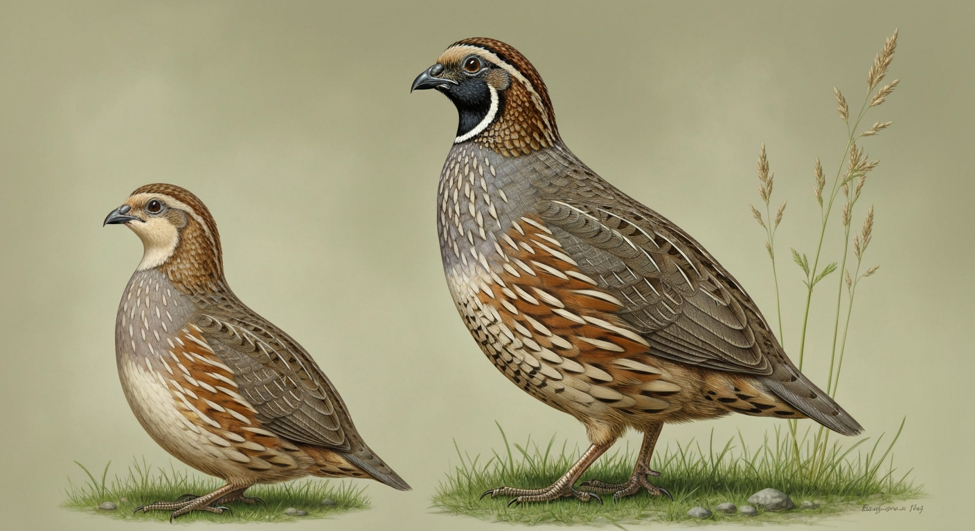 Naturalistic illustration of a Common Quail (bater) standing in grassland, showing the male's anchor-shaped throat mark and streaked brown plumage.