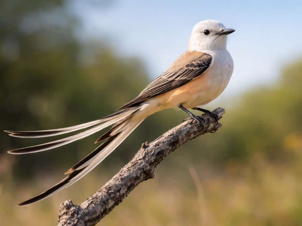 Scissor-tailed flycatcher perched on a branch with its long forked tail fanned out in natural light.