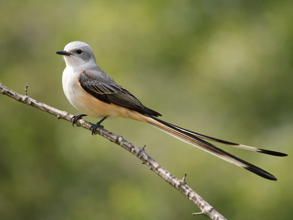 Scissor-tailed flycatcher perched on a branch, pale gray body and long forked tail clearly visible.