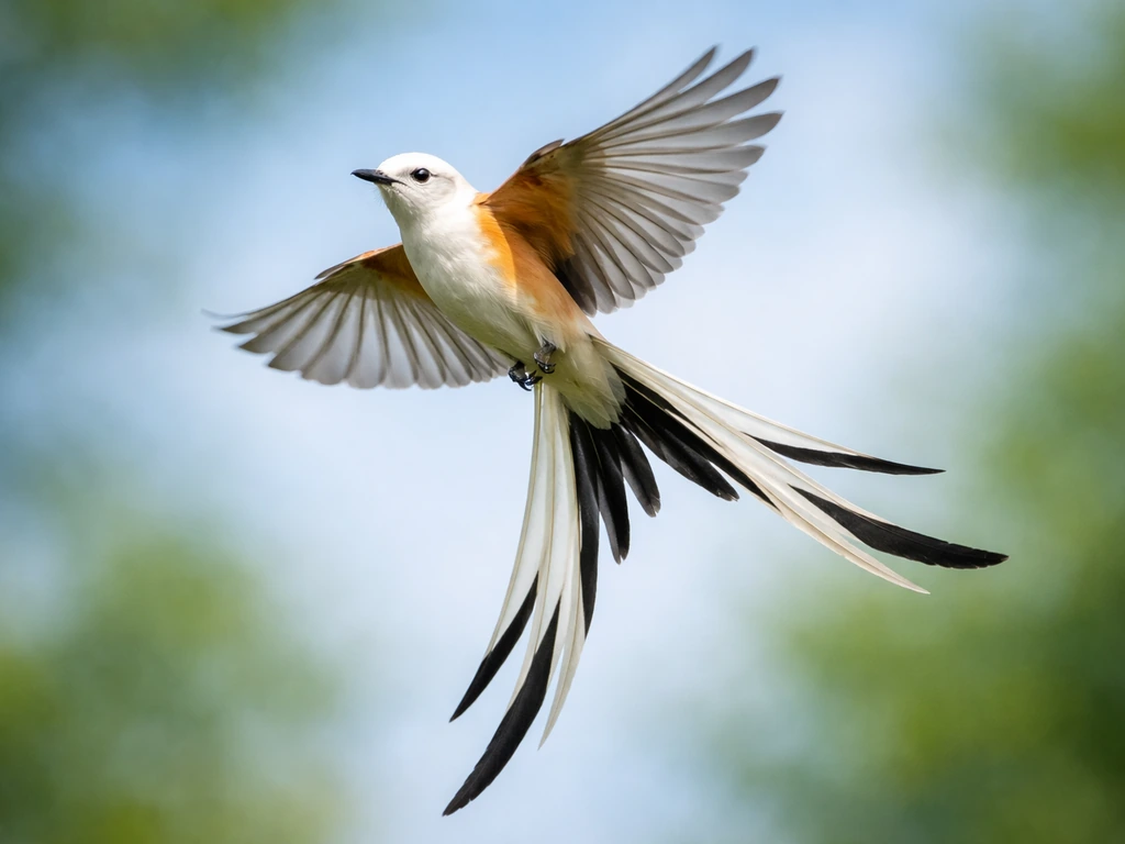 Scissor-tailed flycatcher in agile mid-flight with its forked tail spread in natural light.