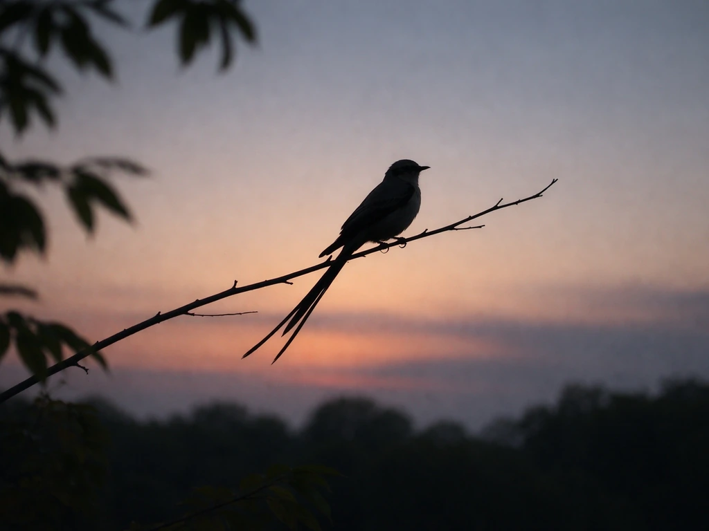 Silhouetted scissortail bird perched on a branch at twilight, calm reflective mood.