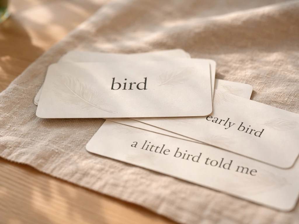 Close-up of English flashcards showing “bird” and “early bird…” on a wooden table with feather shadows.