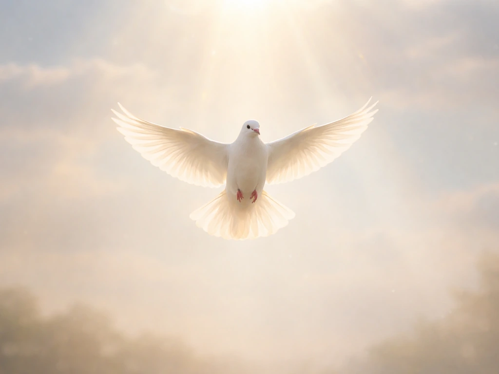 A white dove hovering in soft morning light, with subtle descending rays suggesting holy-spirit symbolism