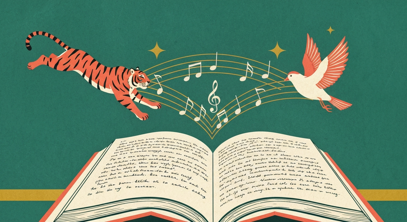 Stylized mid-century illustration of an open book with a few lines of verse, a leaping tiger on the left, a bird in flight on the right, and musical notes linking them in a Caribbean color palette.