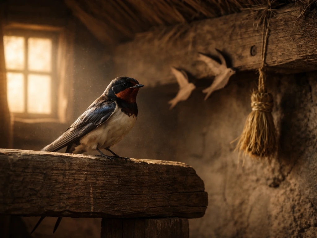 Moody barn swallow perched in a rustic home eave beside subtle folklore charms and carved swallows