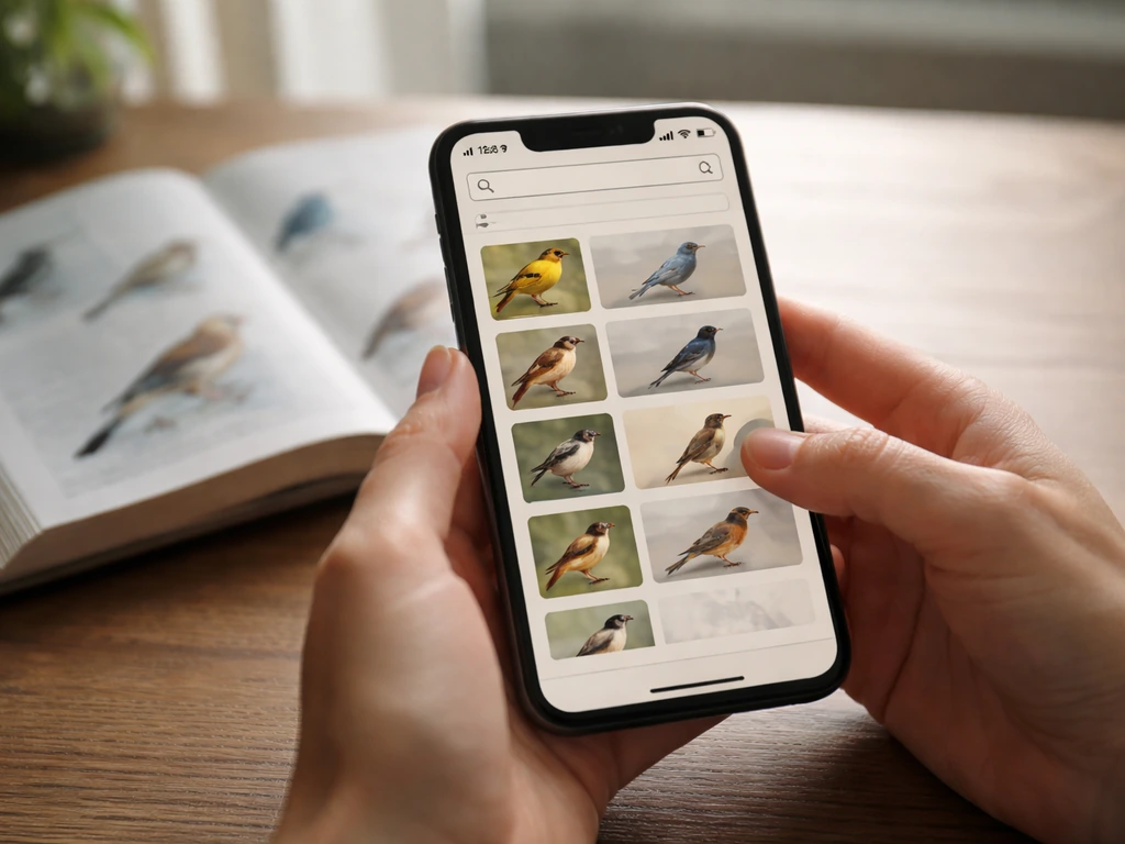 Hands on a smartphone searching for a bird species, with simple thumbnail results on screen