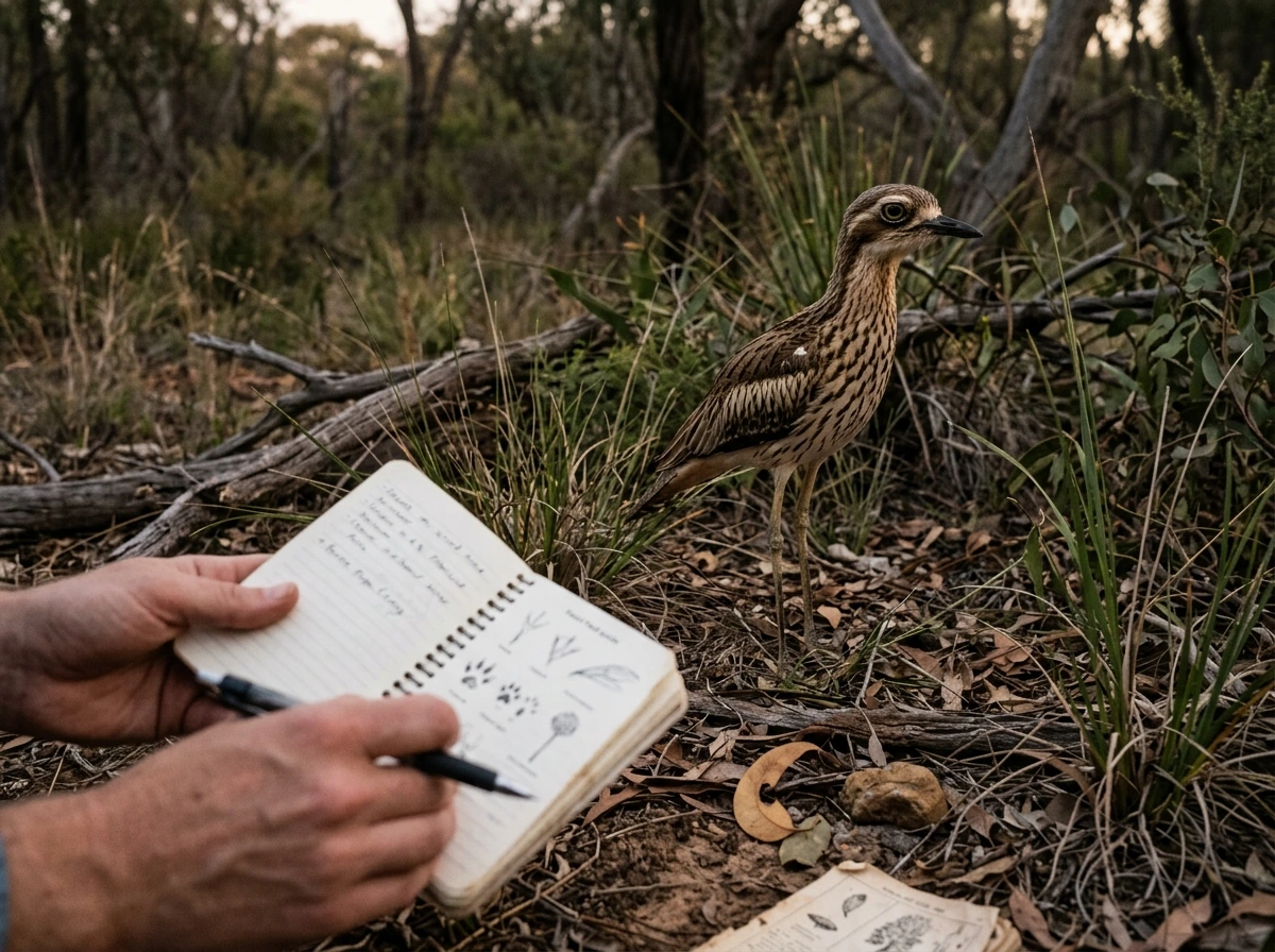 Bush stone-curlew in Australian dusk with respect-focused research scene in the foreground