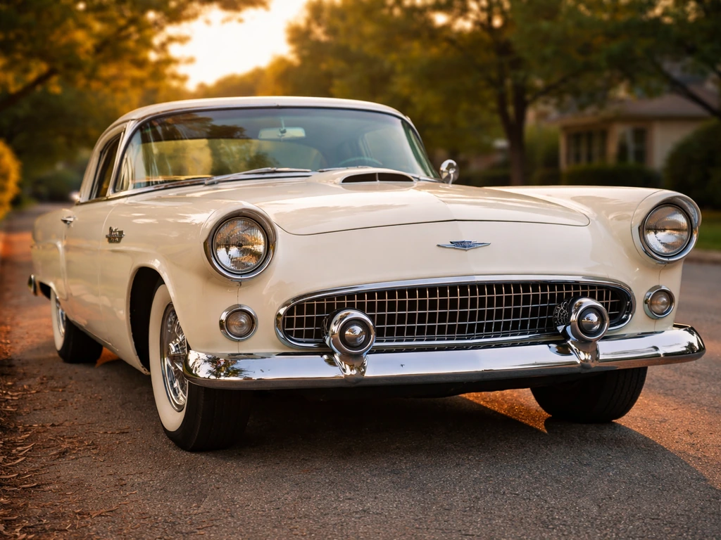 A classic 1955-era Ford Thunderbird parked at golden hour, chrome shining and background softly blurred.