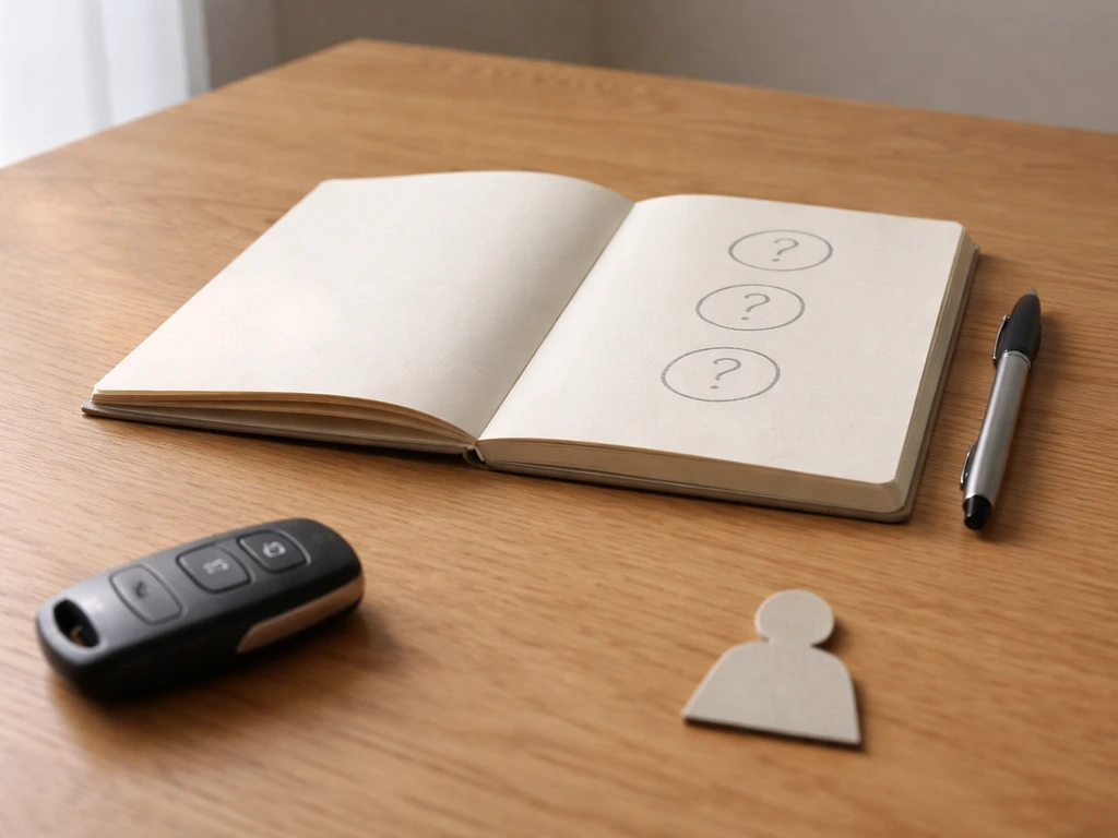 Minimal checklist scene with three question marks around a simple object to imply context checks.