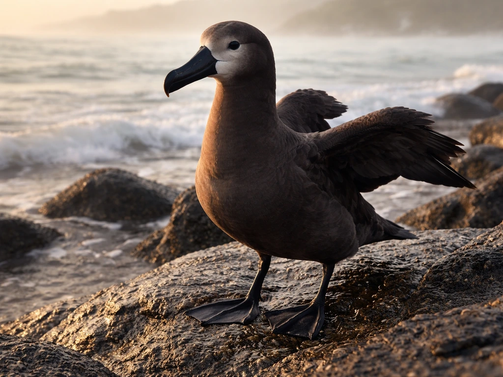 Black-footed albatross standing on a rocky coast at sunrise, wings slightly spread in wild coastal setting.