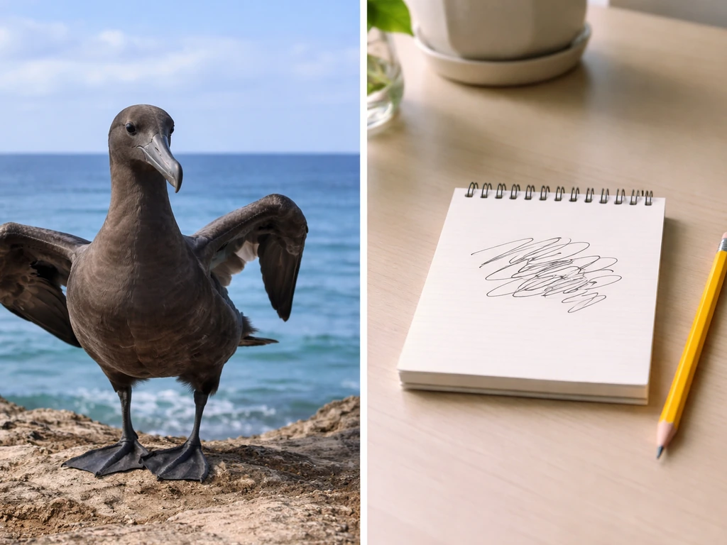 Black-footed albatross on one side and a simple notepad-with-pencil desk scene on the other.