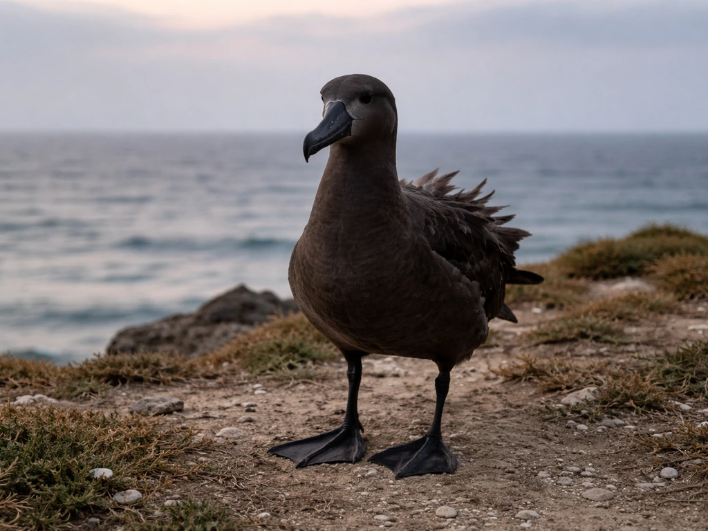 Black-footed albatross with visible dark webbed feet on rocky shore, ocean blurred behind
