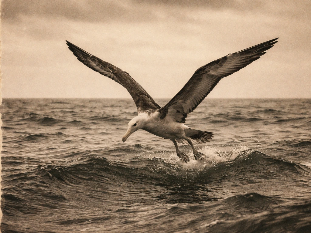 Brown-gray albatross with wings spread above choppy ocean, beside an aged newspaper-clipping texture.