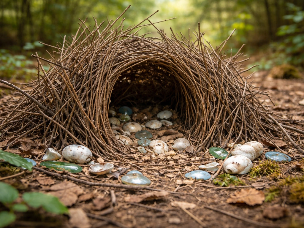 Close-up of a bowerbird-made courtship bower with arranged twigs, leaves, and shell-like decorations in nature.