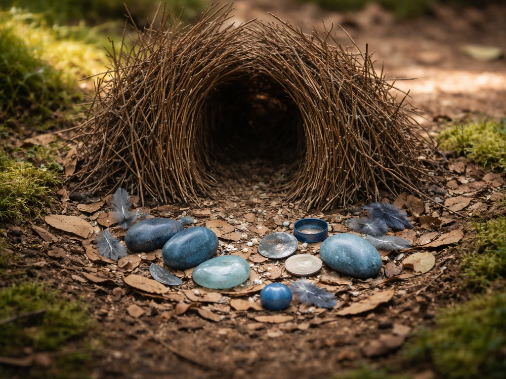 Close-up of a small bower built from arranged twigs, leaves, and glossy objects on a forest floor.